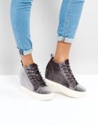 New Look Velvet Lace Up Wedge Sneakers - Gray