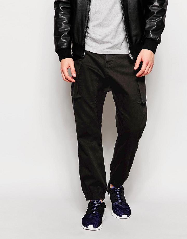 Asos Drop Crotch Cargo Pants With Cuffed Hem - Black