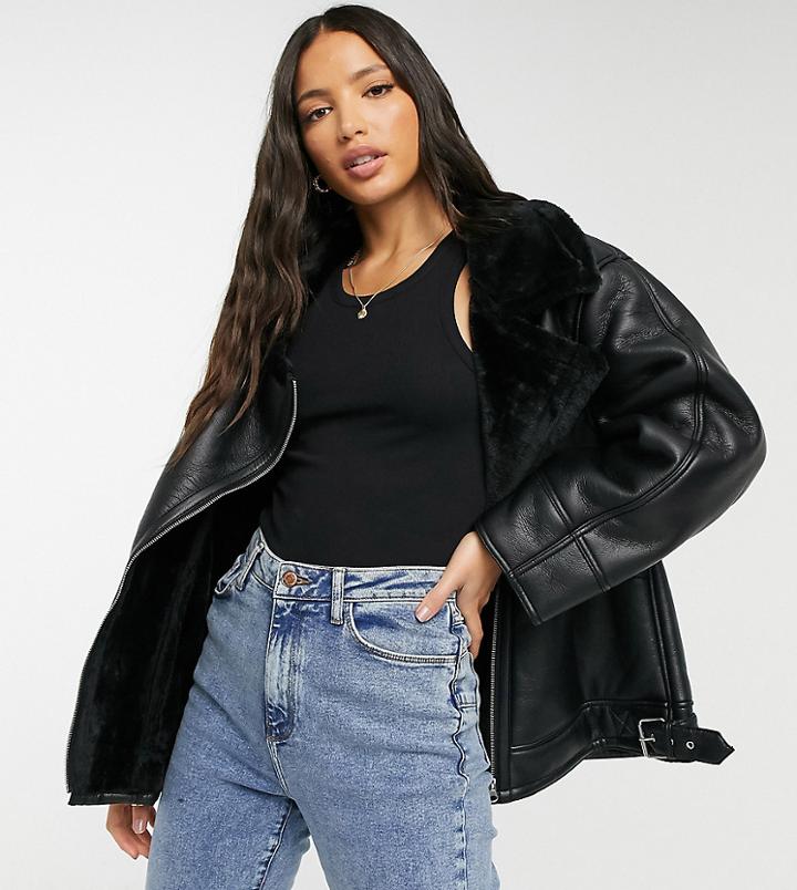 Asos Design Tall Sherpa Aviator Jacket In Black