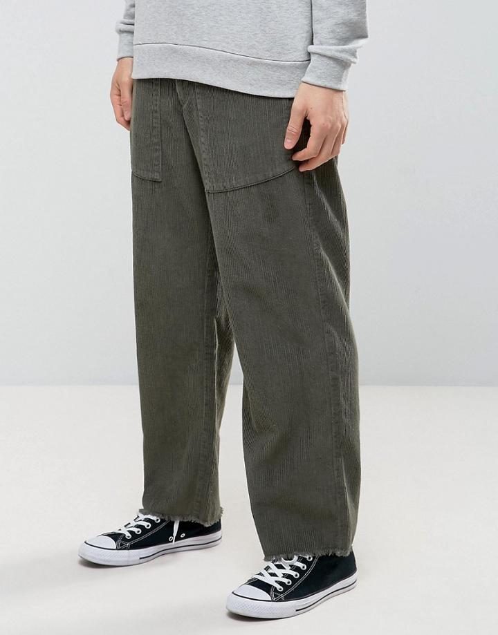 Asos Oversized Relaxed Pants In Khaki Cord - Green