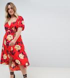 Missguided Plus Floral Wrap Over Dress - Red