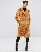 Asos Longline Paneled Faux Fur Coat - Brown