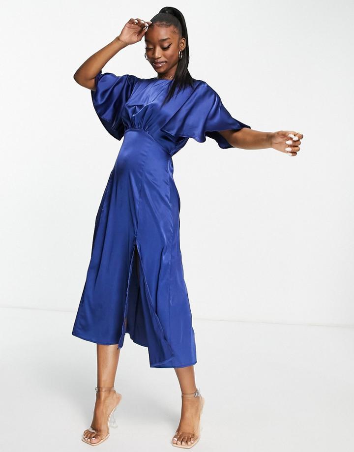 Ax Paris Satin Midi Tea Dress With Flutter Sleeves In Navy