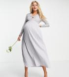 Little Mistress Maternity Lace Top Pleated Skater Midi Dress In Dove Gray-grey