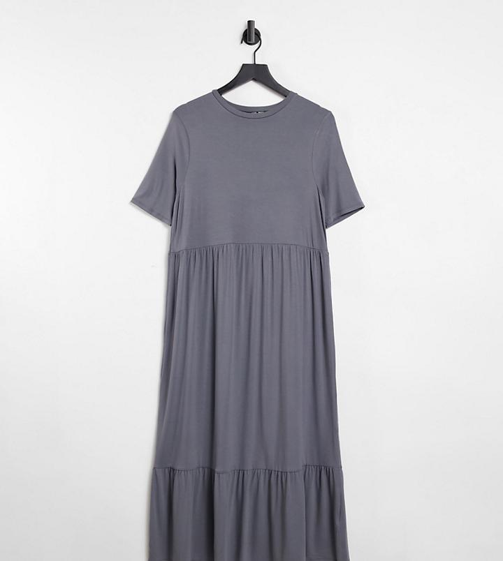 Asos Design Tall Tiered Smock T-shirt Midi Dress In Gray-grey