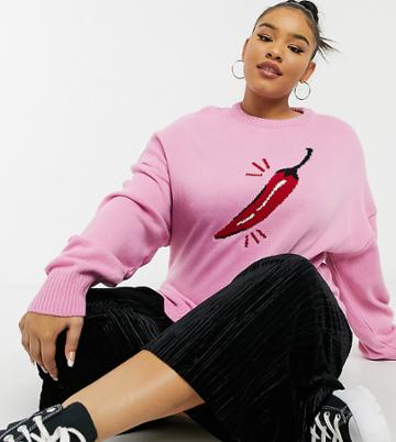 Skinnydip Curve Relaxed Sweater With Spicy Pepper Slogan Knit-pink