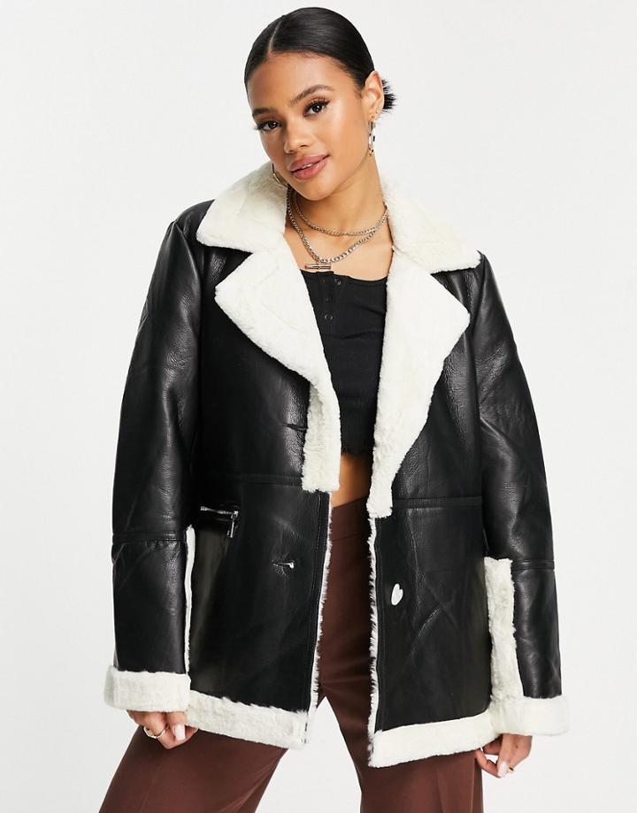 Qed London Coated Longline Aviator Jacket With Contrast Shearling In Black