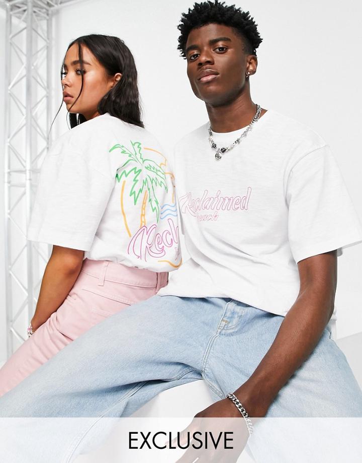 Reclaimed Vintage Inspired Unisex White Organic Cotton T-shirt With Circular Beach Pack Print