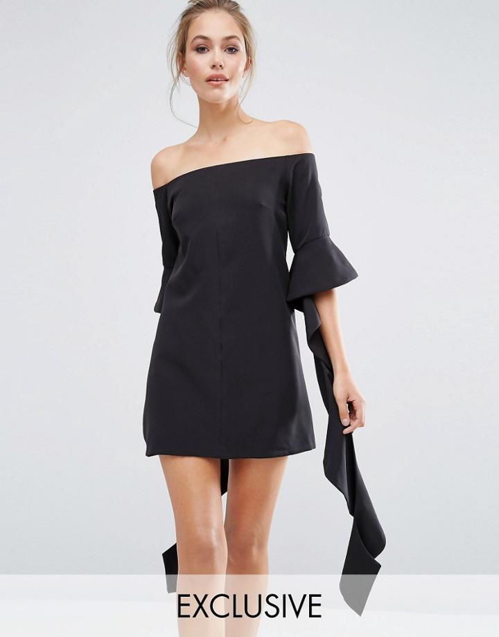 Dark Pink Off Shoulder Mini Dress With Frill Sleeve - Black