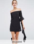Dark Pink Off Shoulder Mini Dress With Frill Sleeve - Black