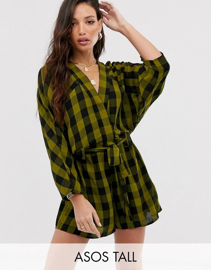 Asos Design Tall Stitch Detail Slouchy Tie Waist Romper In Green Check - Multi