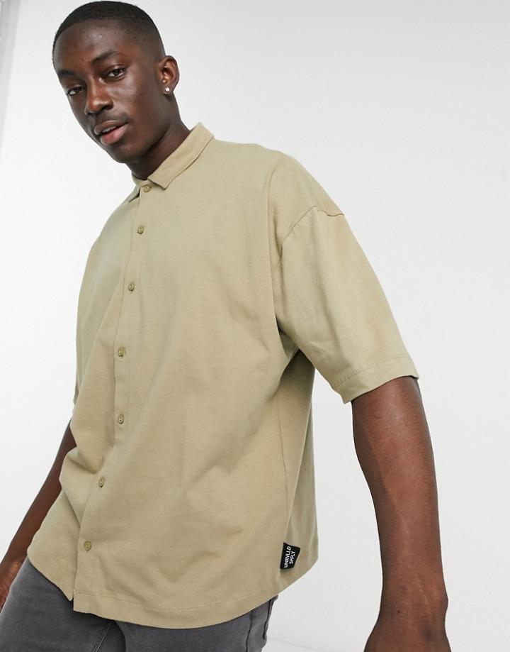 Asos Design Heavyweight Oversized Button Through Jersey Shirt In Washed Khaki-green