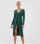 Asos Design Tall Long Sleeve Wrap Midi Dress With Belt Detail - Green
