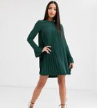 Asos Design Tall Pleated Trapeze Mini Dress With Long Sleeves - Green