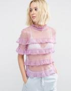 Asos Top In Dobby Mesh With Ruffle Detail - Lilac