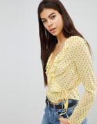 Missguided Polka Dot Tie Side Blouse - Yellow