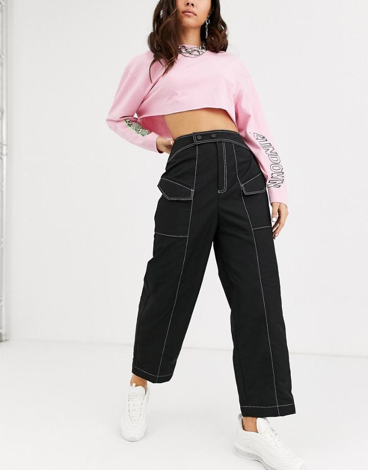 Asos Design Pants With Contrast Topstitch In Shell Fabric-black