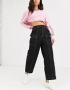 Asos Design Pants With Contrast Topstitch In Shell Fabric-black