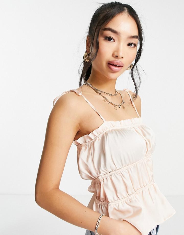 Miss Selfridge Ruched Satin Cami In Champagne-pink