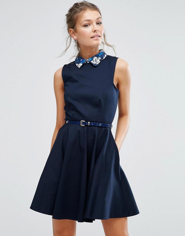 Closet Floral Contrast Collar Belted Skater Dress - Navy