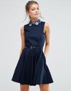 Closet Floral Contrast Collar Belted Skater Dress - Navy