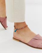 Asos Design Multirow Anklet With Multicolor Beads And Faux Shell Tassel Charms In Gold Tone - Gold