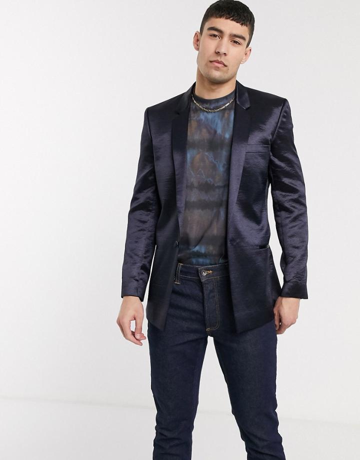 Asos Design Slim Blazer In High Shine Navy