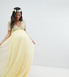 Maya Maternity Cap Sleeve Delicate Sequin Detail Tulle Maxi Dress - Yellow
