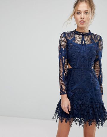 Aijek High Neck Mini Dress With Cut Out Waist And Ruffle Hem - Navy