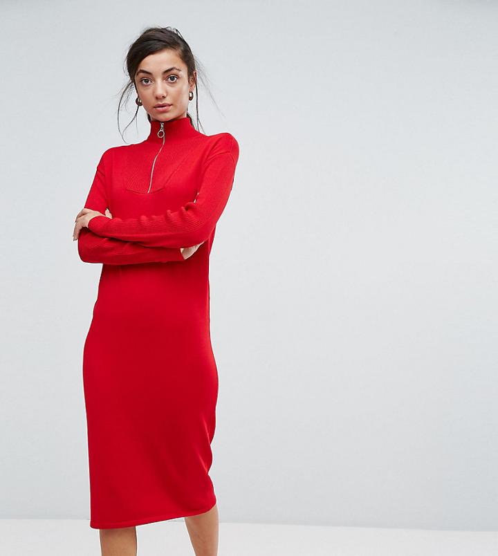 Asos Tall Knitted Dress With Zip Up Neck - Red