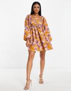 Asos Design Square Neck Smock Mini Dress In Watercolor Floral Print-multi