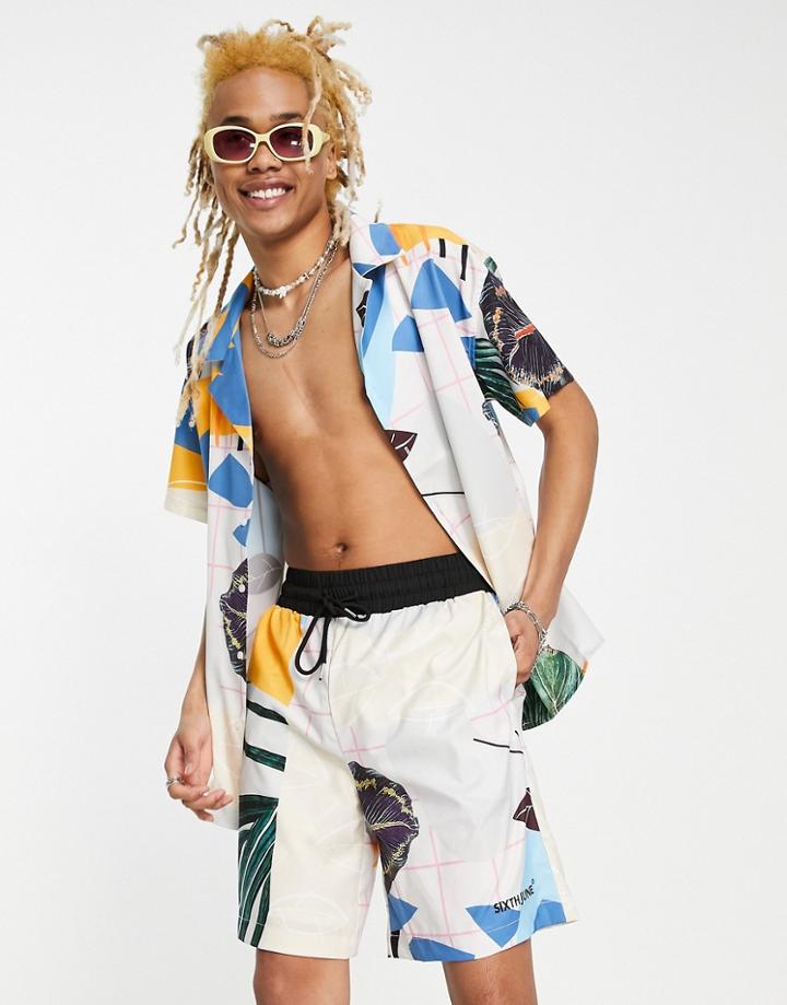Sixth June Woven Shorts With Tropical Abstract Print In White - Part Of A Set