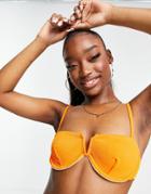 Missguided Ribbed Underwired Bikini Top With V Bar Detail In Orange