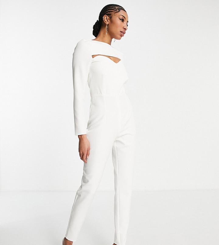 Vesper Tall Square Neck Cut Out Bust Detail Jumpsuit In White