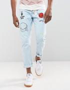 Asos Slim Jeans In Vintage Light Wash Blue With Abrasions And Embroidery - Blue
