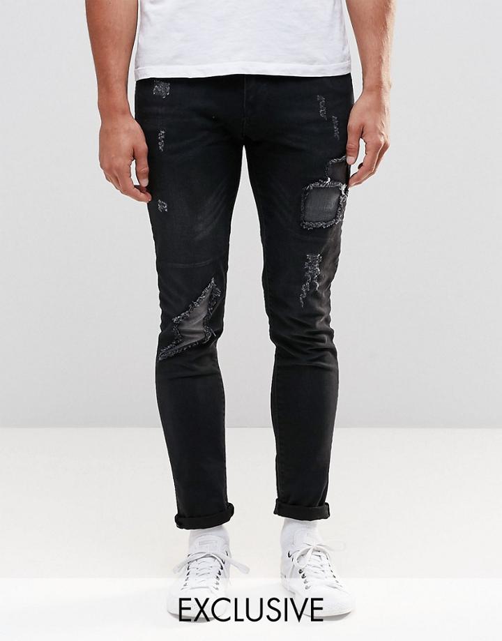 Brooklyn Supply Co Super Skinny Jeans Slashed Rips Washed Dark Indigo - 6522 Denim