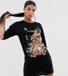 Rokoko Oversized T-shirt Dress With Dragon Graphic-black