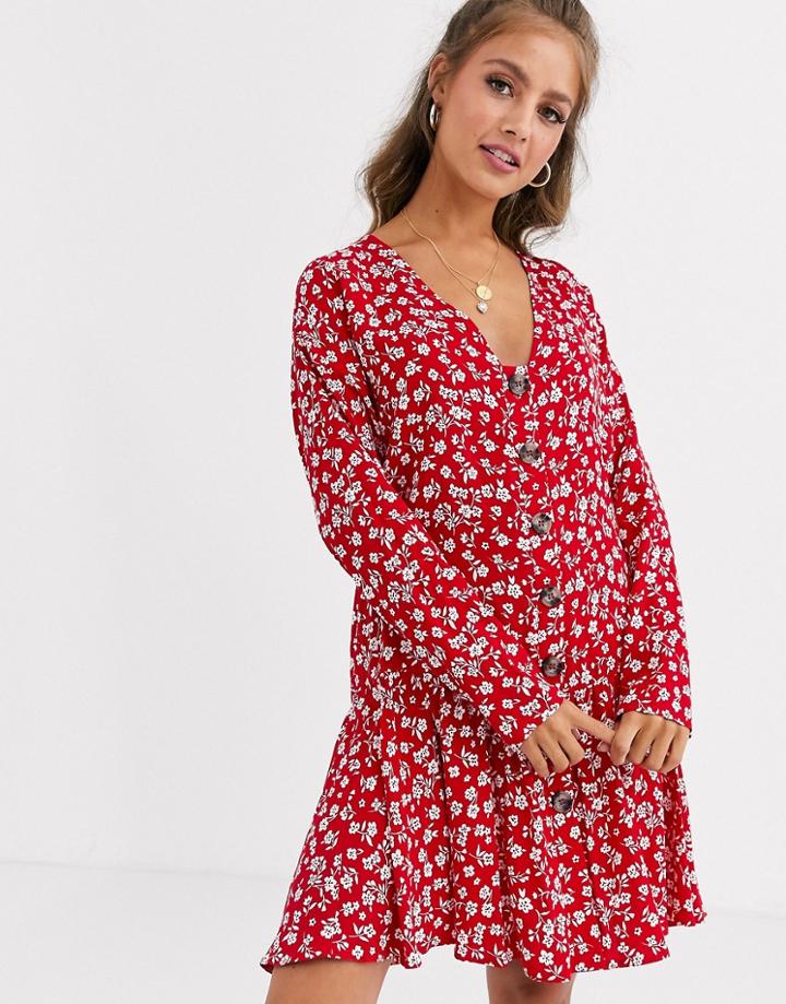 Asos Design Swing Trapeze Mini Dress With Pep Hem In Red Ditsy Floral Print - Multi