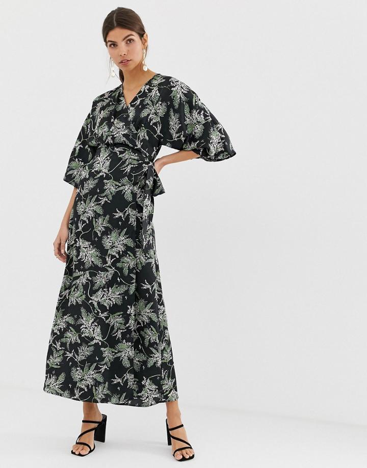 Liquorish Kimono Sleeve Midi Dress In Black Floral Print