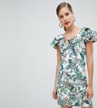 River Island Ruffle Shoulder Floral Bodycon Mini Dress - Cream