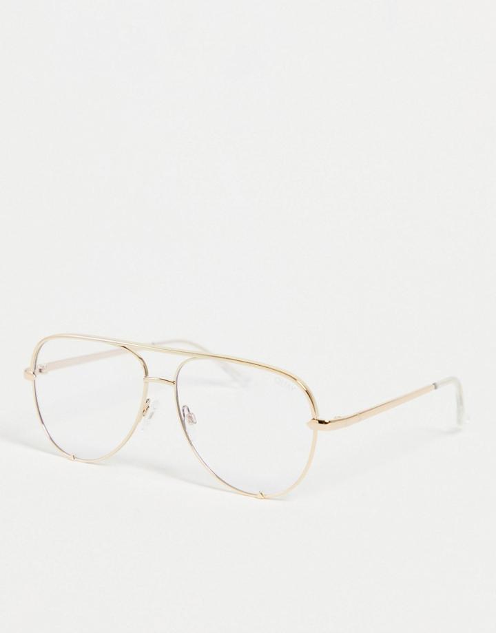 Quay High Key Mini Aviator Blue Light Glasses In Gold Tone