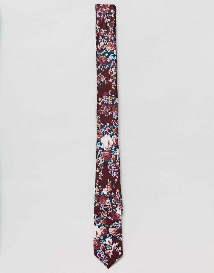 Asos Slim Tie In Burgundy Floral Design - Red