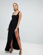Prettylittlething Square Neck Split Leg Maxi Dress - Black