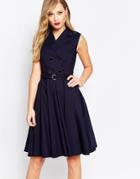 Closet Skater Dress With Button Detail And Belt - Navy