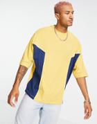 Asos Design Oversized T-shirt In Mustard And Navy Color Block-multi