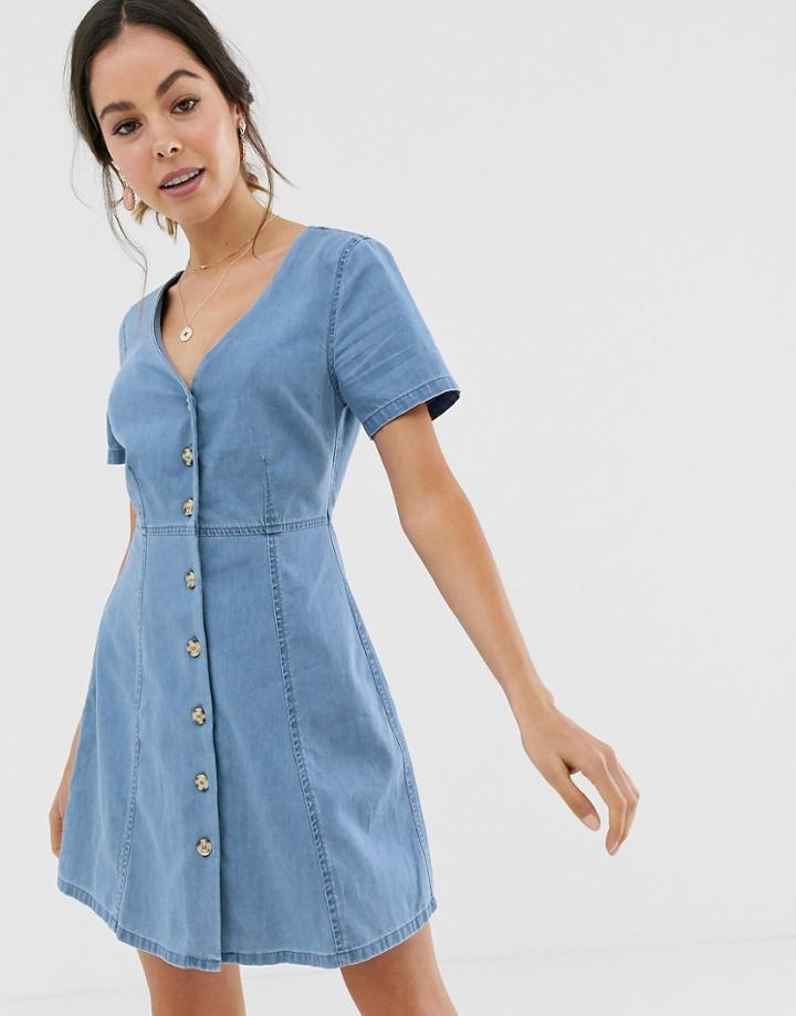 Asos Design Denim Tea Dress With Mock Horn Buttons In Blue