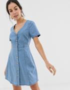 Asos Design Denim Tea Dress With Mock Horn Buttons In Blue