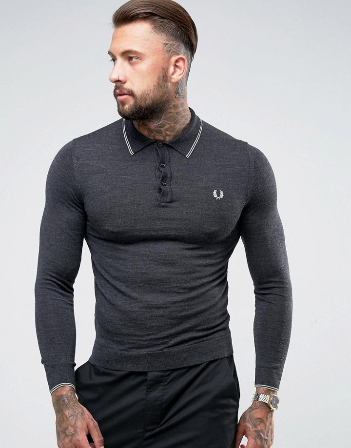 Fred Perry Fine Merino Long Sleeve Polo Shirt In Gray - Gray
