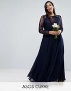 Asos Curve Wedding Pretty Lace Eyelash Pleated Maxi Dress - Navy