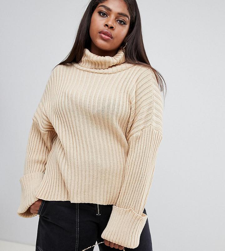 Boohoo Plus Roll Neck Cable Knit Sweater In Camel - Beige